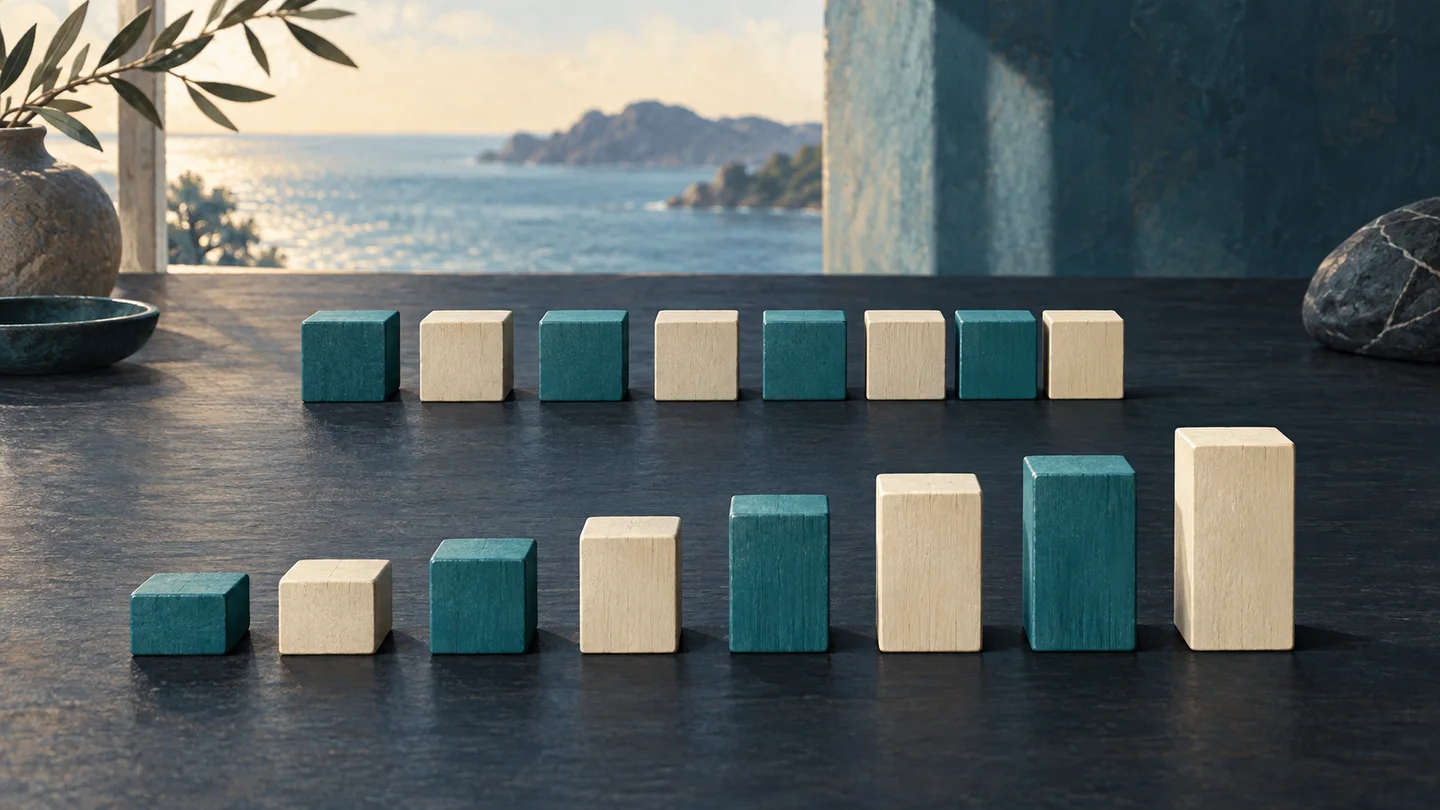 Conceptual illustration of two rows of blocks representing different interval patterns.