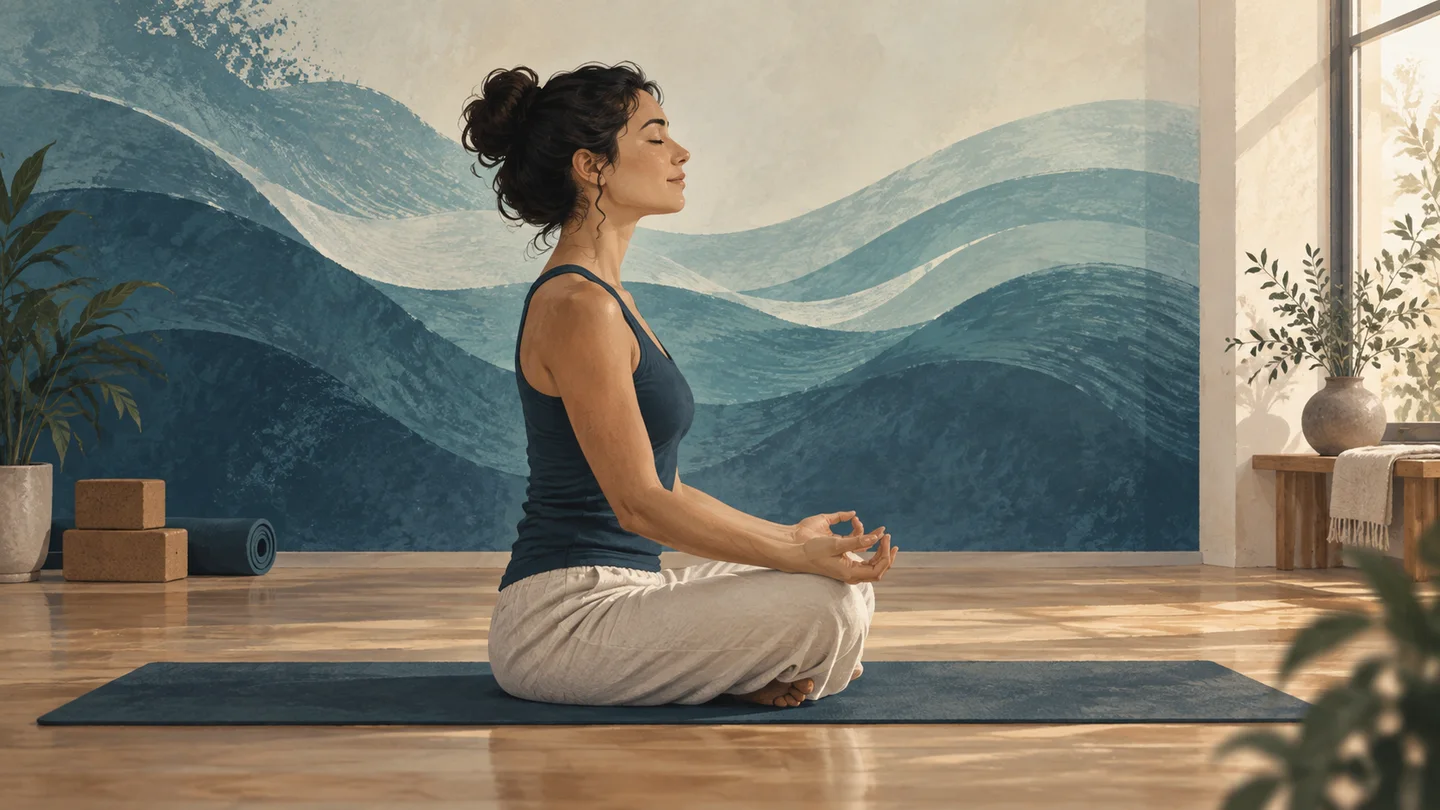 Illustration of a seated woman in profile with wave shapes behind her.